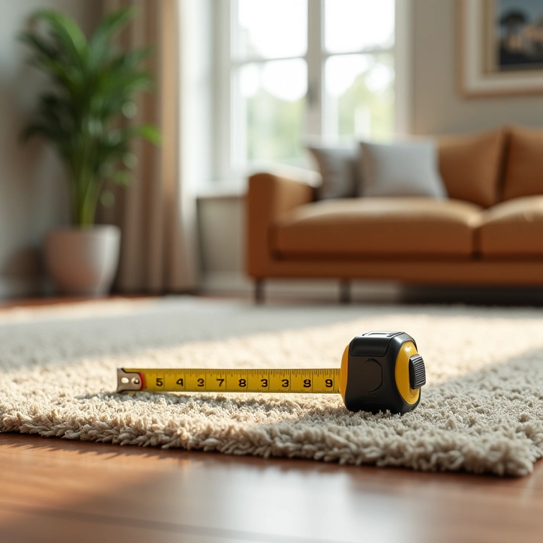 Fita métrica sobre tapete na sala, medindo o tamanho ideal.