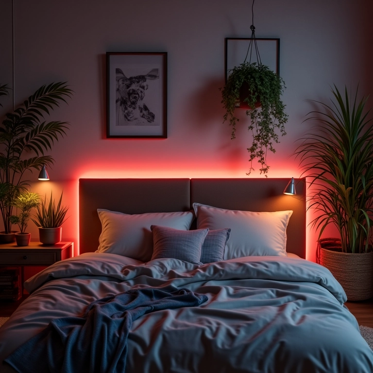 Fitas de LED atrás da cabeceira da cama criando uma luz suave e indireta no quarto.