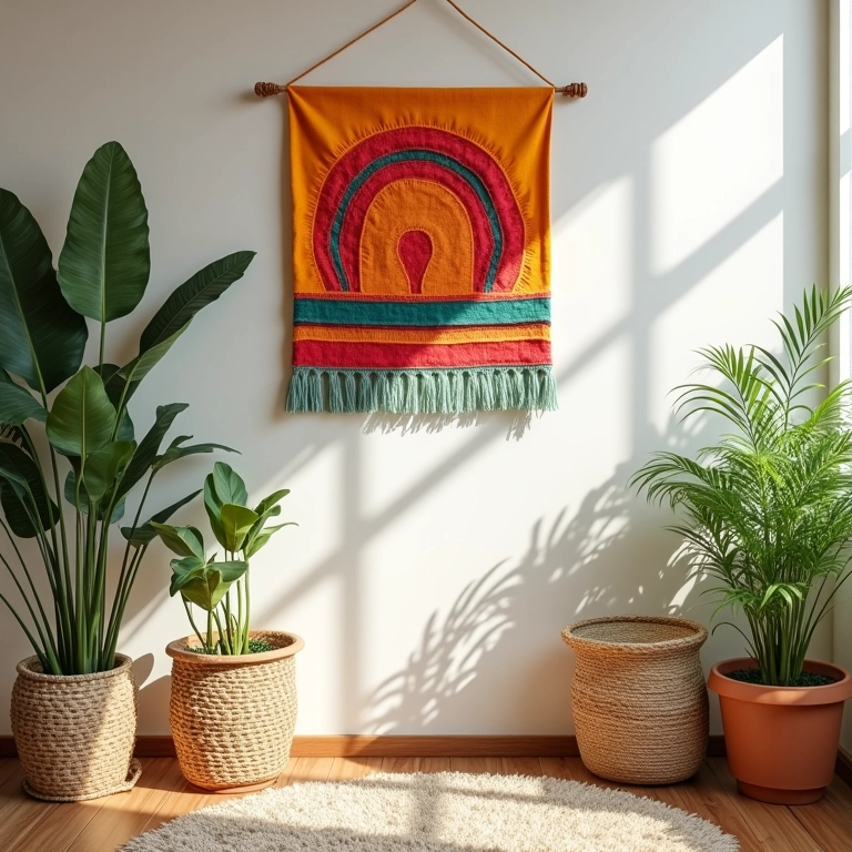 Flâmula boho de feltro em quarto com decoração brasileira.