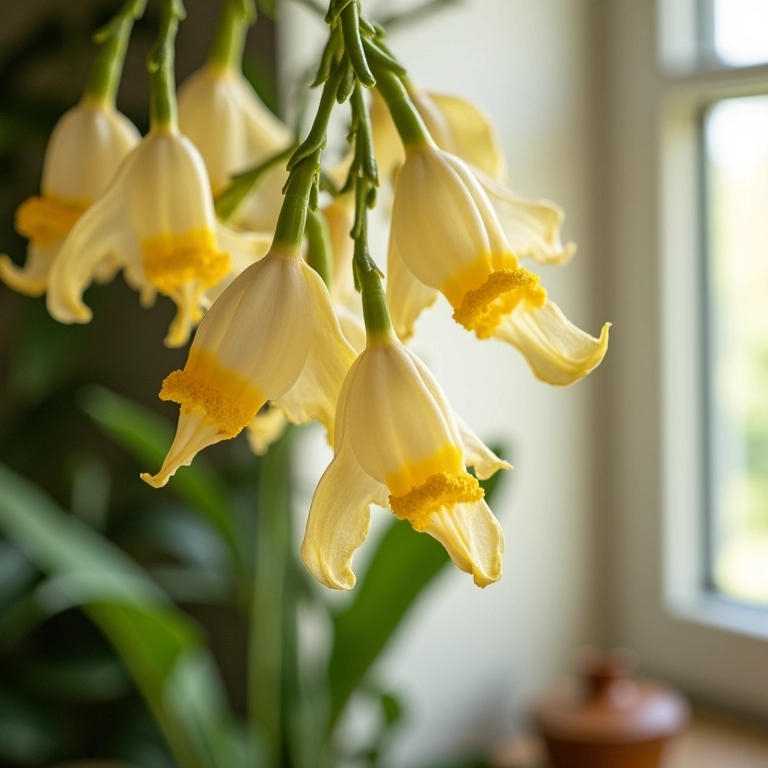 Flor de cera pendente em uma cozinha iluminada, exalando delicadeza e um perfume suave.