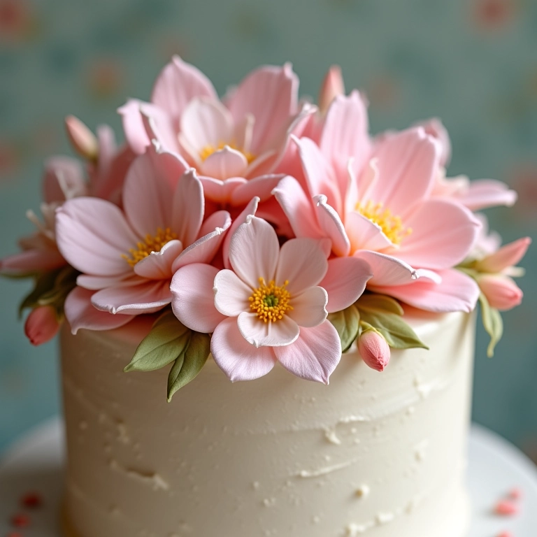 Flores de açúcar delicadas decorando bolo vintage.