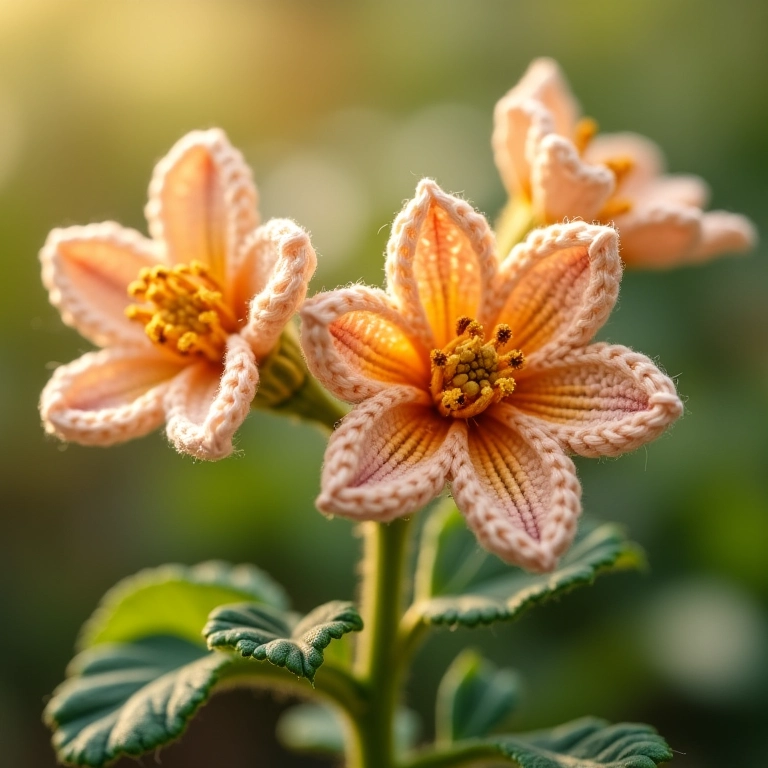 Flores de amigurumi delicadas feitas com Linha Anne, mostrando detalhes intrincados e um visual clássico.