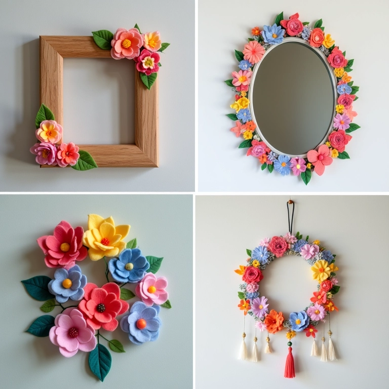 Flores de feltro decorando um porta-retrato, um espelho e um móbile.