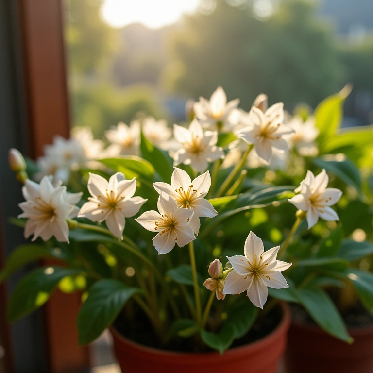 Flores de jasmim florescendo em vaso em varanda brasileira.