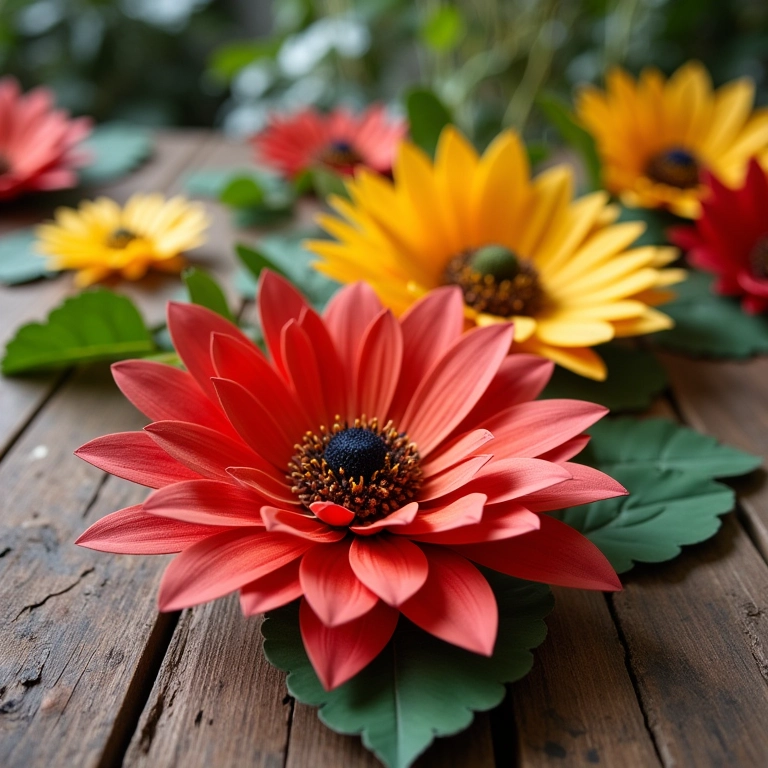 Flores de papel crepom coloridas decorando uma mesa rústica em uma festa junina.