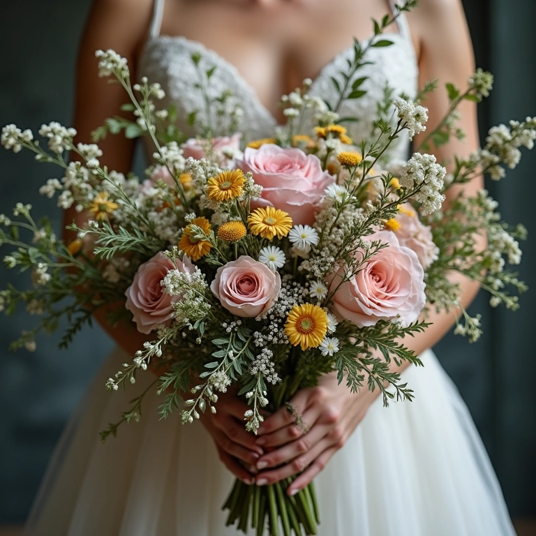 Flores e folhagens em decoração de casamento rústico.