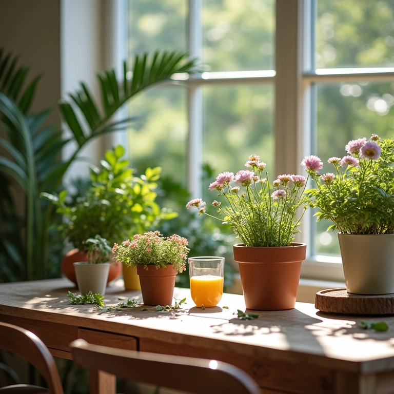 Flores e plantas adicionando um toque de natureza à mesa de jantar.