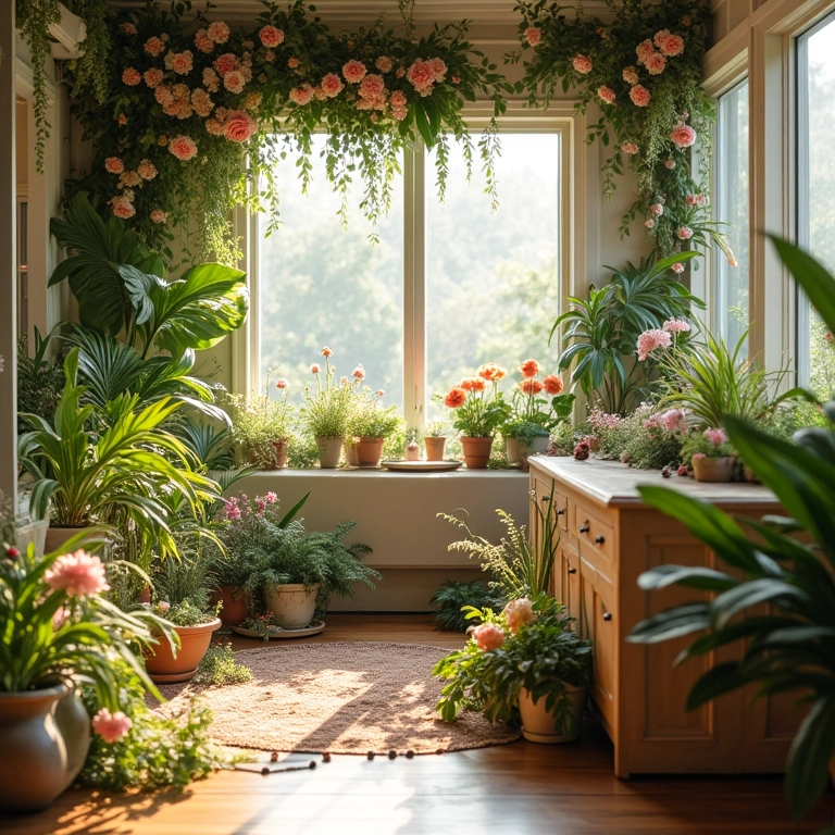 Flores e plantas trazendo a natureza para dentro da decoração do chá de cozinha.