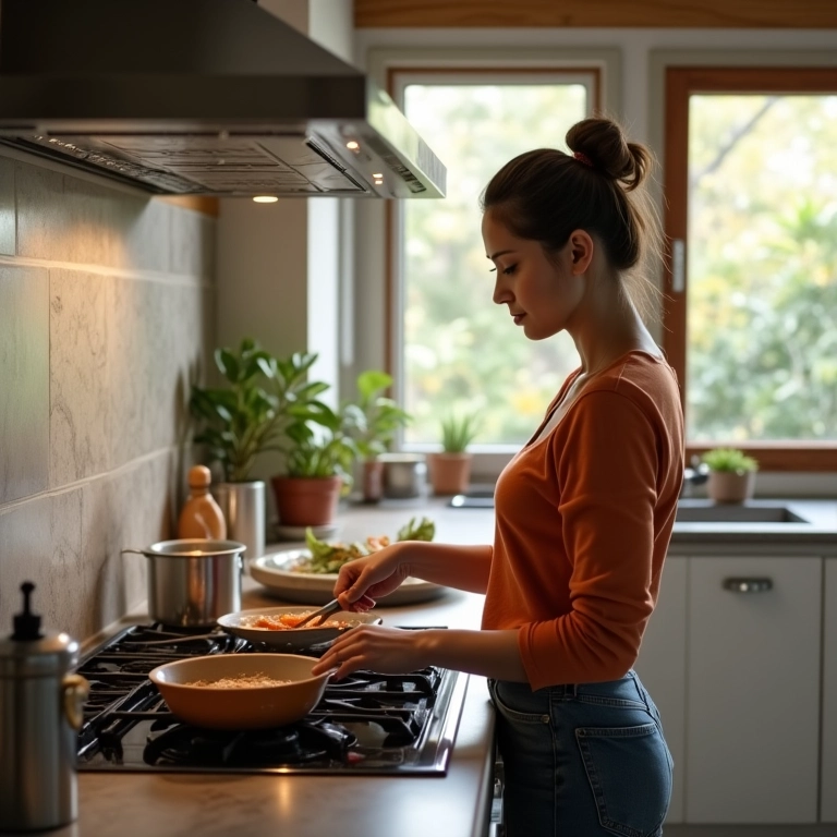 Fogão com controle por voz em uma cozinha moderna com design brasileiro e iluminação natural.