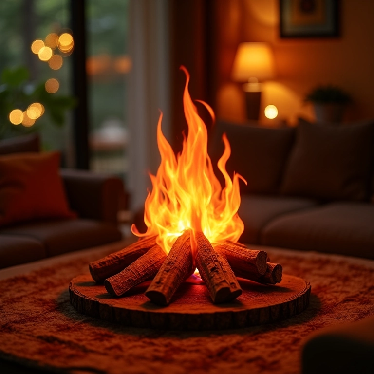 Fogueira decorativa em sala decorada para a Festa Junina.