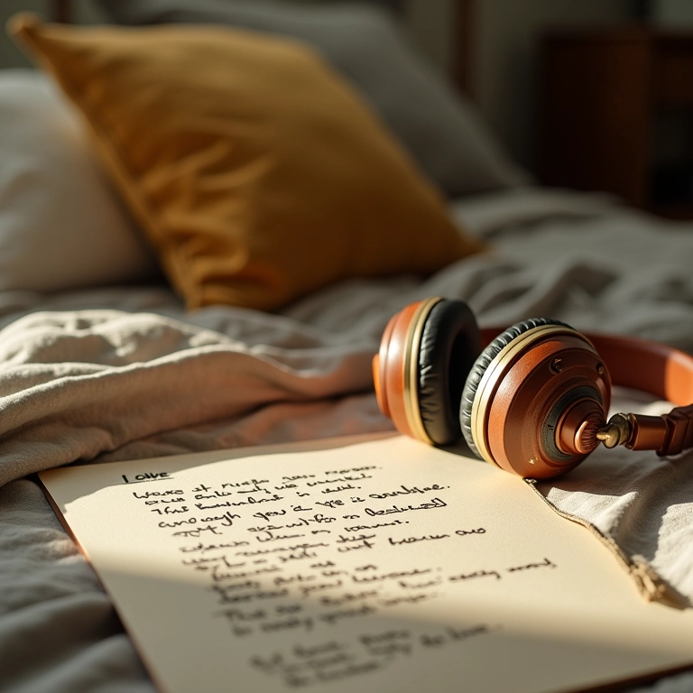 Fones de ouvido sobre carta de amor com letras de música.
