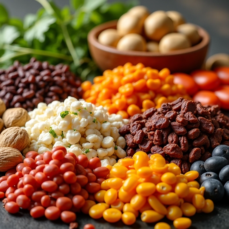 Fontes de proteína vegetal variadas, como lentilha, tofu e castanhas.