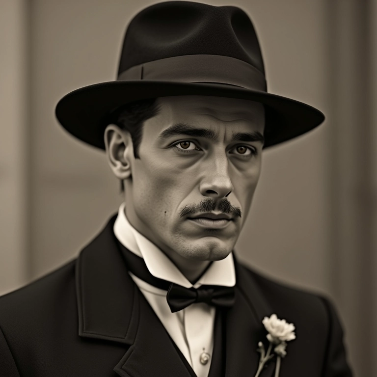 Foto antiga de homem com chapéu Fedora, estilo anos 40.