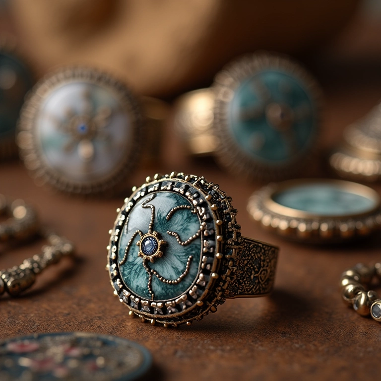 Foto de close-up de joias artesanais, com detalhes intricados e iluminação natural.