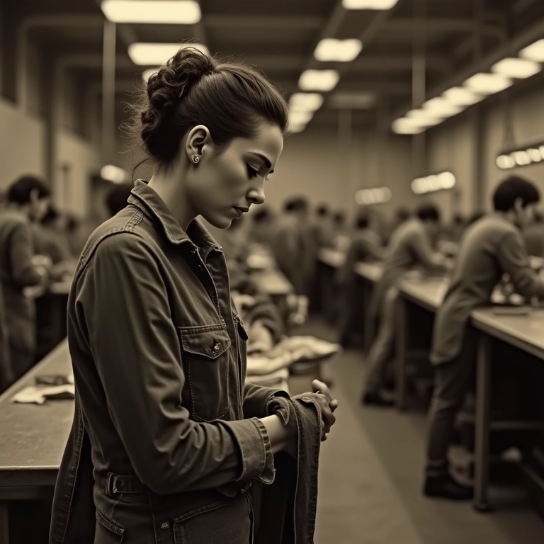 Foto vintage de fábrica de jeans nos anos 70, mostrando o trabalho manual e a história do denim.