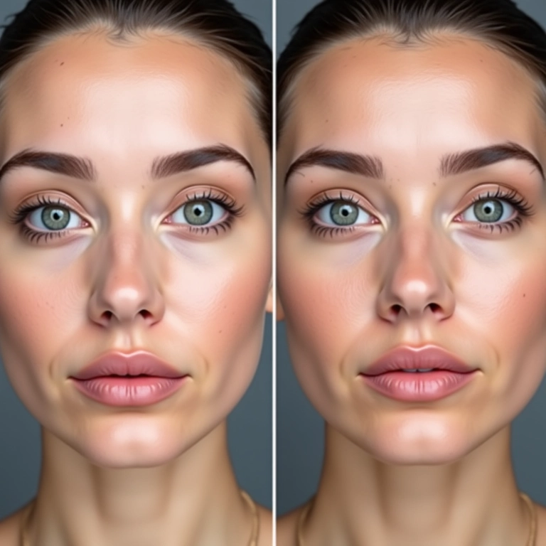 Fotos de antes e depois do tratamento de radiofrequência facial.