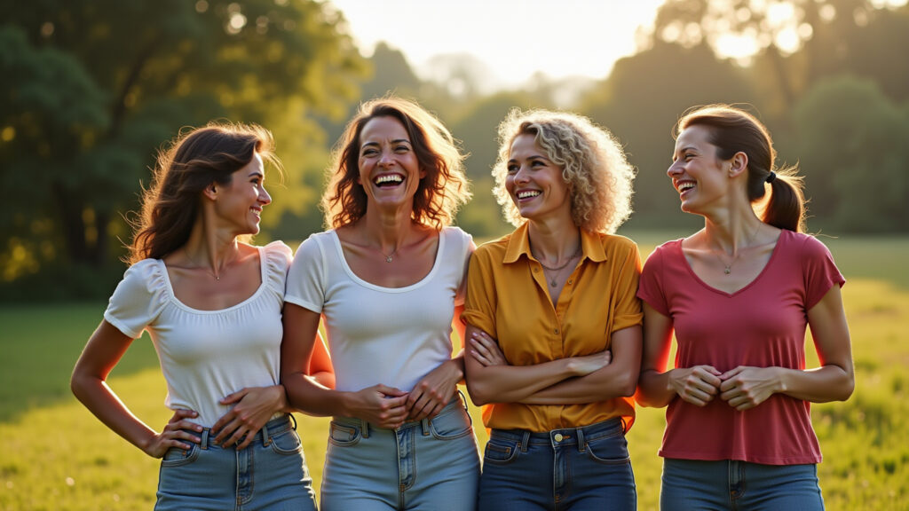 Four diverse women, arms linked, laughing in a sunlit garden, reminiscent of 'Little Women'. Farm Amigas unidas inspiradas em 'Adoráveis Mulheres'.