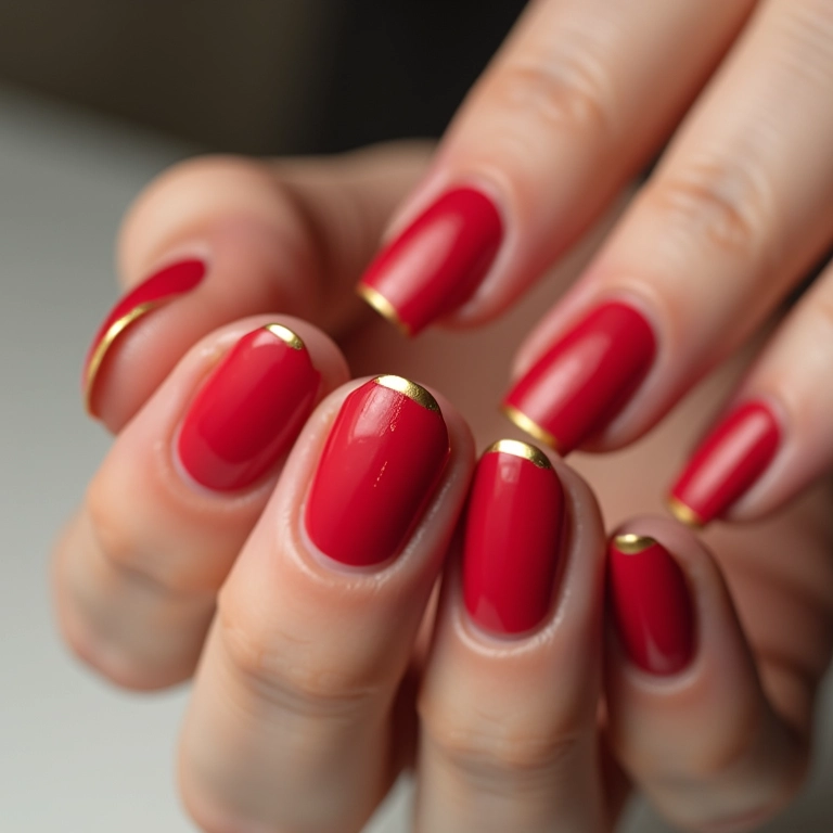 Francesinha dourada em unhas vermelhas