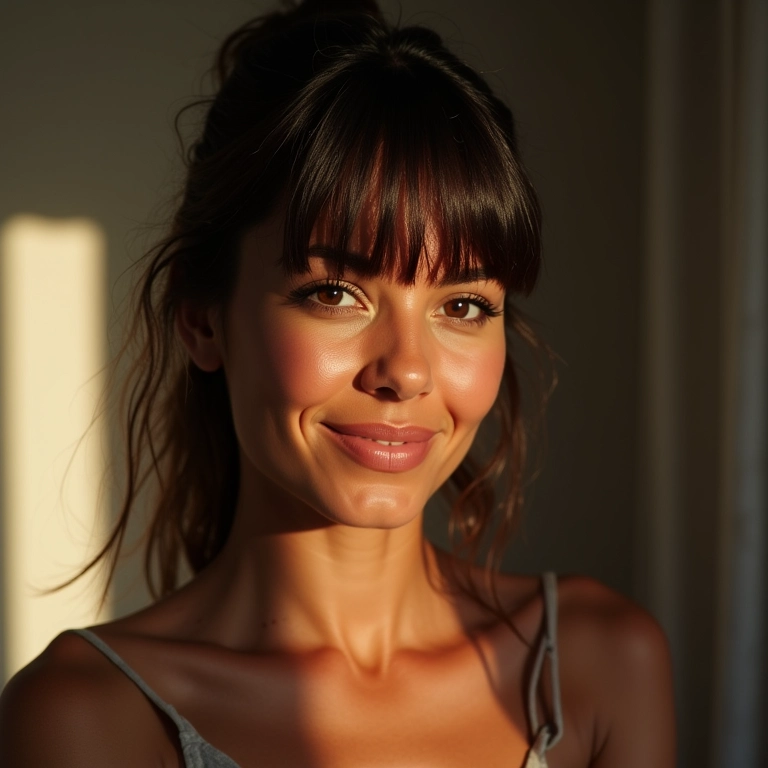 Franja lateral desfiada disfarçando o rosto.