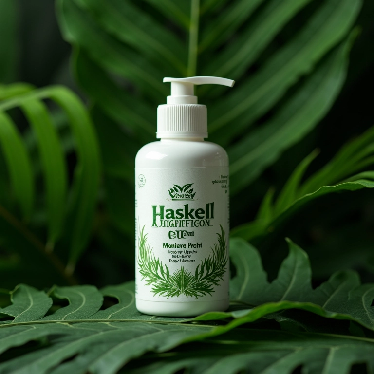 Frasco de Acidificante Capilar da Haskell com fundo de folhagens tropicais.