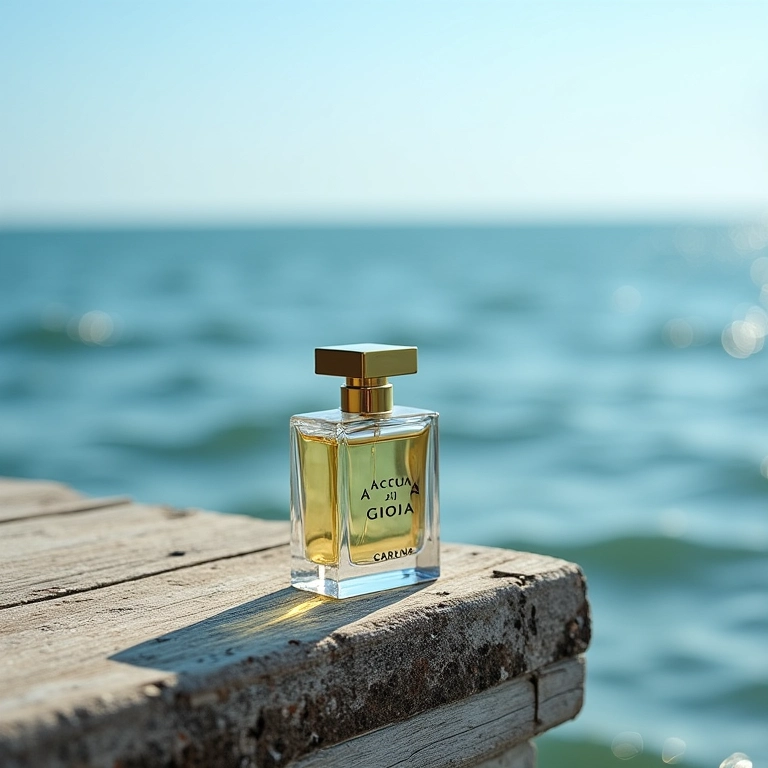 Frasco de Acqua di Gioia em píer com vista para o mar.