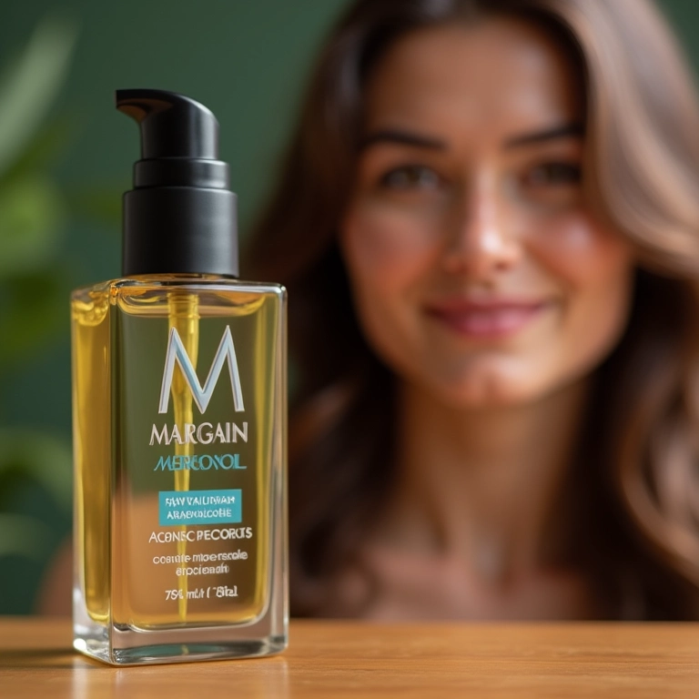 Frasco de Argan Oil da Moroccanoil com mulher morena e saudável ao fundo.