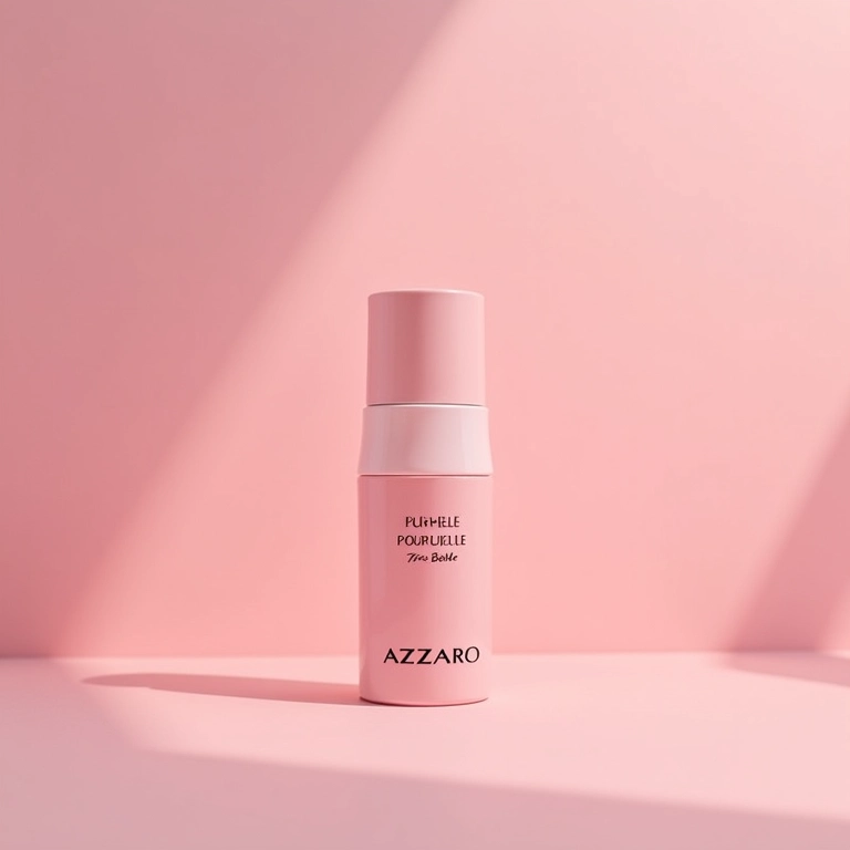 Frasco de Azzaro Pour Elle L'Eau Trés Belle em penteadeira.