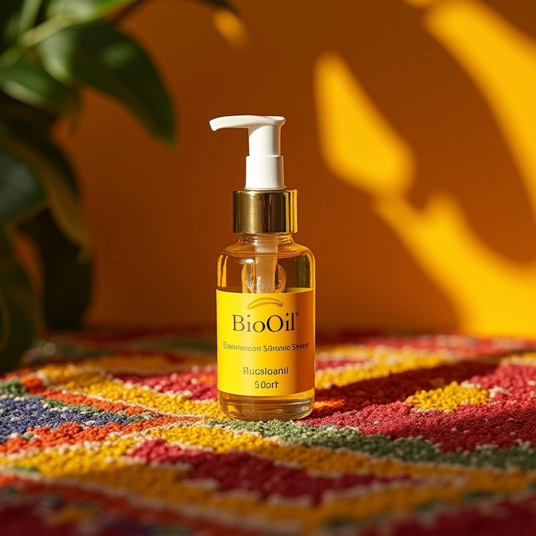 Frasco de Bio-Oil óleo para cuidados da pele sobre tecido colorido.