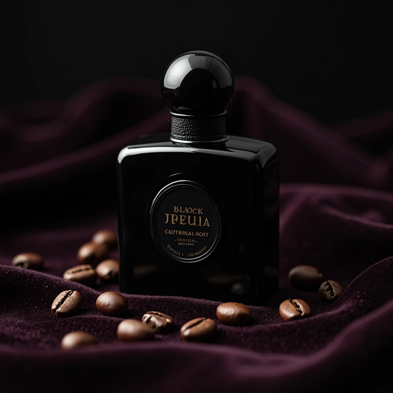 Frasco de Black Opium sobre veludo com grãos de café.