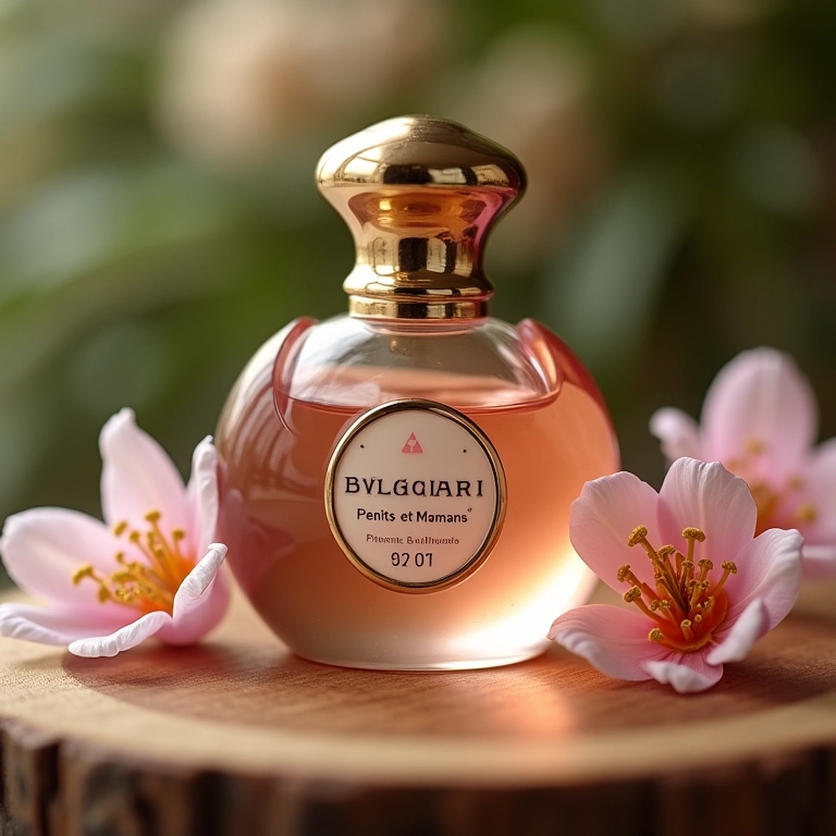 Frasco de Bvlgari Petits et Mamans em mesa de madeira.