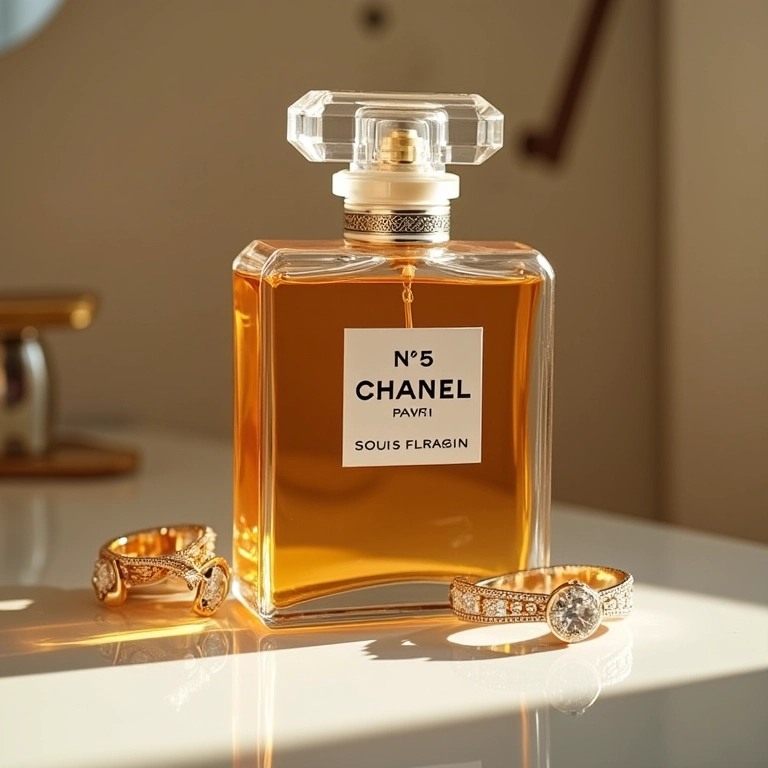 Frasco de Chanel Nº5 em penteadeira com joias clássicas.