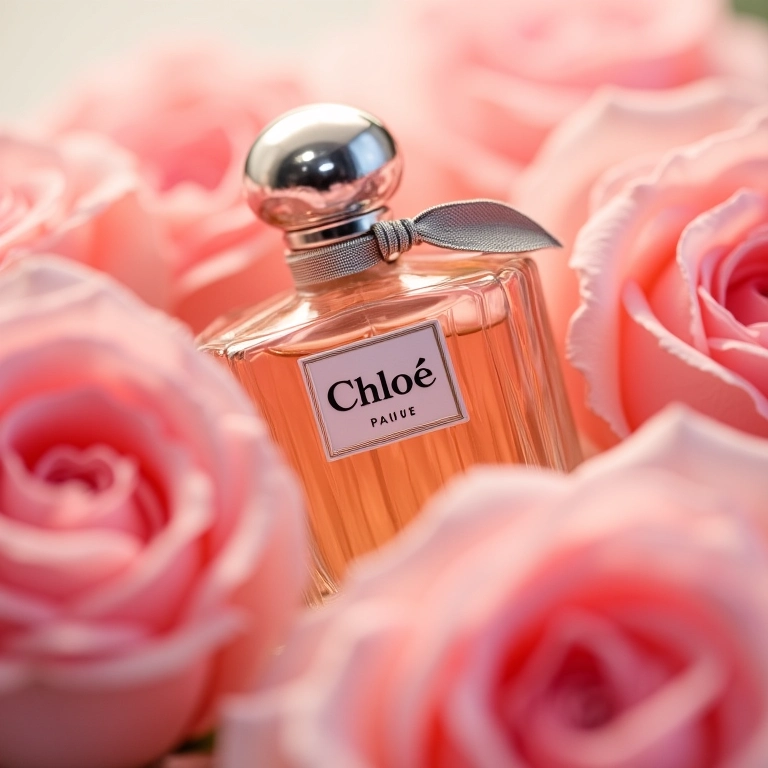 Frasco de Chloé Eau de Parfum entre rosas cor de rosa.
