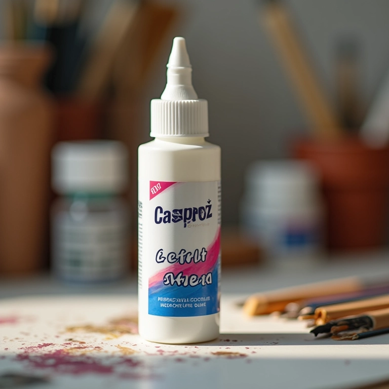 Frasco de cola Cascorez Extra com materiais de arte ao fundo.