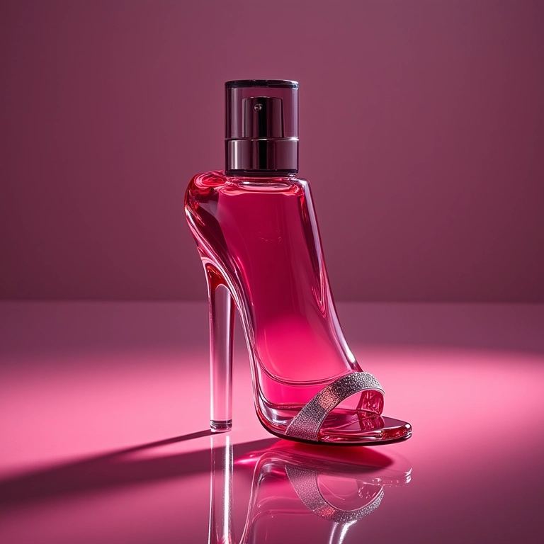 Frasco de Good Girl em formato de sapato de salto alto refletido em um espelho.