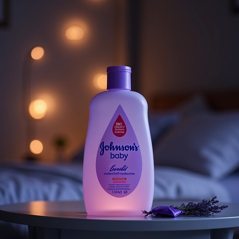 Frasco de Johnson's Baby Lavanda ao lado de sachê de lavanda.