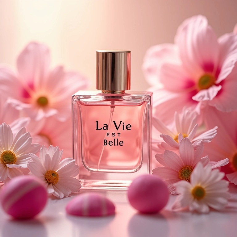 Frasco de La Vie Est Belle cercado por flores delicadas e doces.