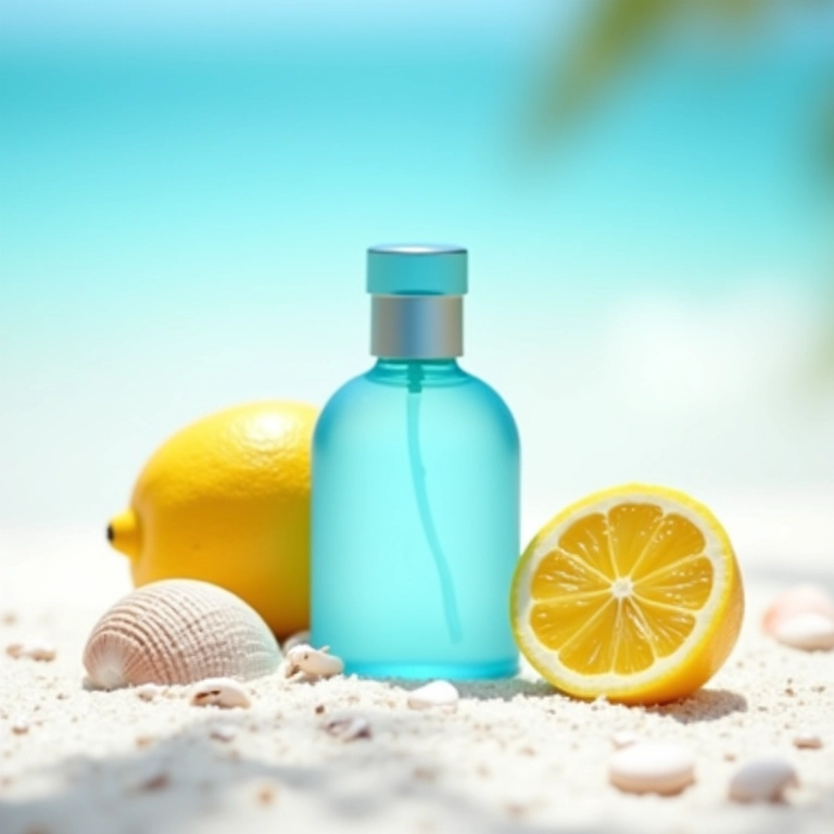 Frasco de Light Blue com limões e conchas na areia branca.