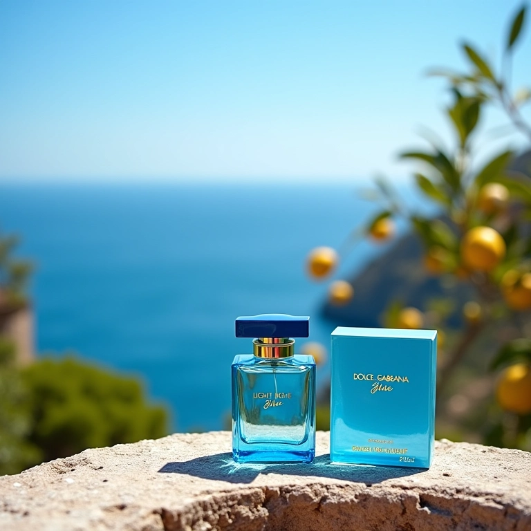 Frasco de Light Blue em muro de pedra com vista para o Mediterrâneo.