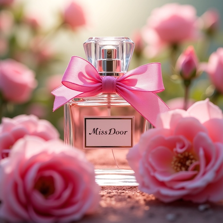 Frasco de Miss Dior com laço rosa em jardim florido.