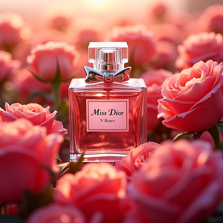 Frasco de Miss Dior Rose N'Roses rodeado por um campo de rosas.