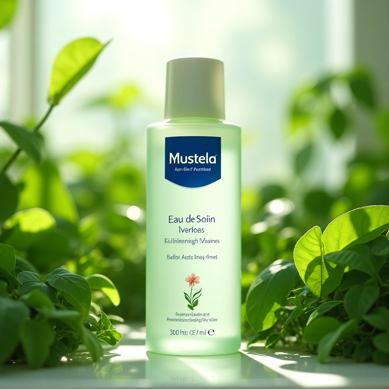 Frasco de Mustela Eau de Soin cercado por plantas verdes.