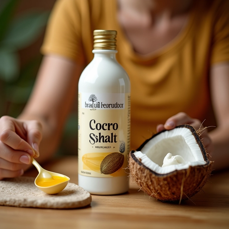 Frasco de Óleo de Coco da Copra com coco e mulher aplicando óleo.