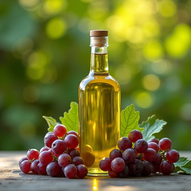Frasco de óleo de semente de uva com uvas e folhas, conceito antioxidante.