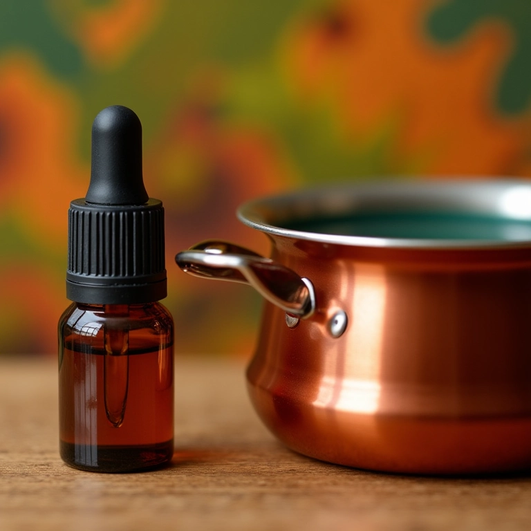 Frasco de óleo essencial ao lado de cera derretida.