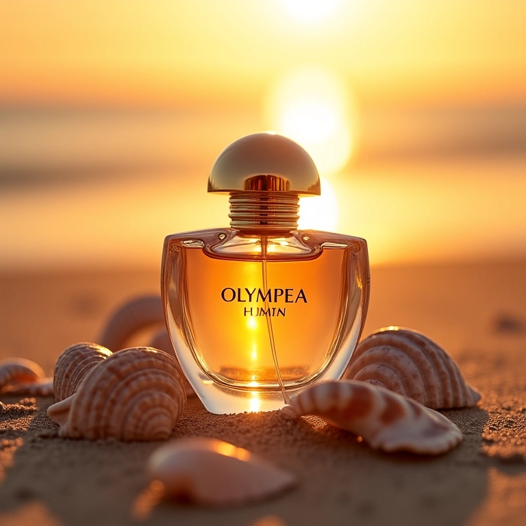 Frasco de Olympéa na areia, cercado por conchas.