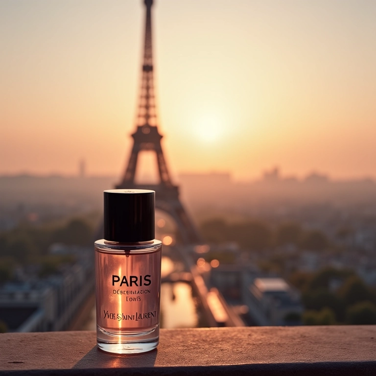 Frasco de Paris de Yves Saint Laurent com a Torre Eiffel ao fundo.