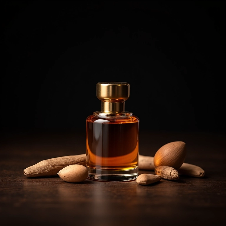 Frasco de perfume amadeirado com notas de madeira ao redor, fundo escuro.