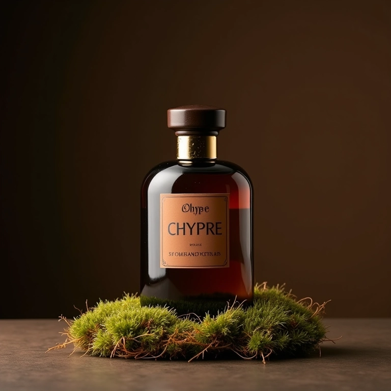 Frasco de perfume chipre com tons terrosos e musgo.