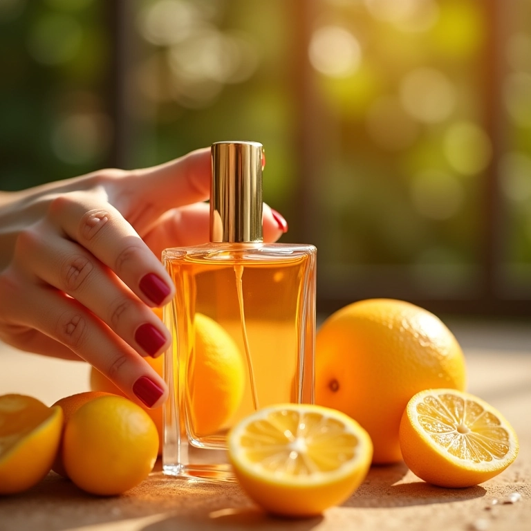 Frasco de perfume com notas cítricas e fatias de frutas.