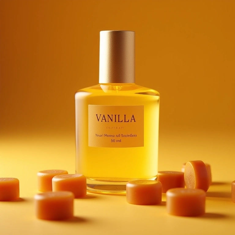 Frasco de perfume de baunilha com balas de caramelo.
